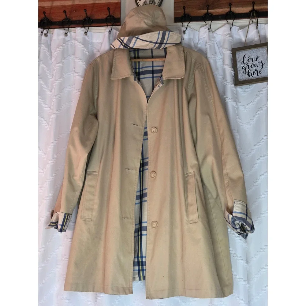 Brylane Woman Weather Solutions Beige Plaid Reversible Trench Coat Size 24W Hat - Picture 1 of 9